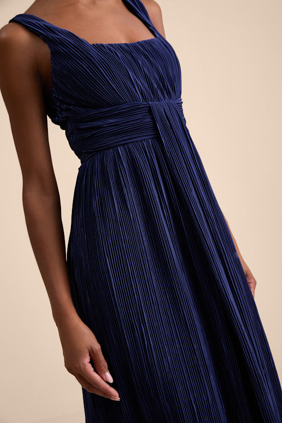 Ameena Light Blue Plisse Square Neck Sash Maxi Dress