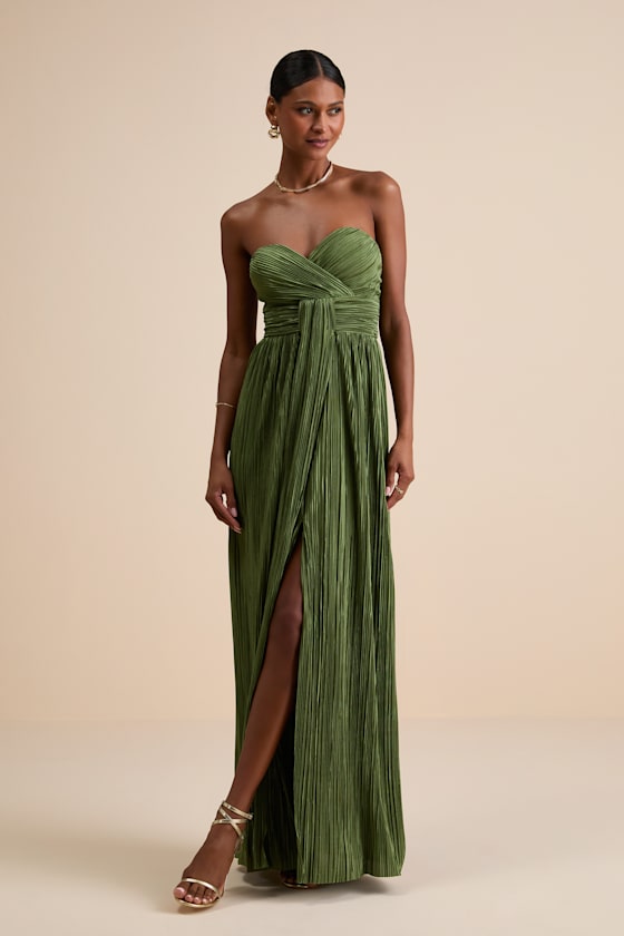 Oswin Lime Green Satin Plisse Strapless Maxi Dress