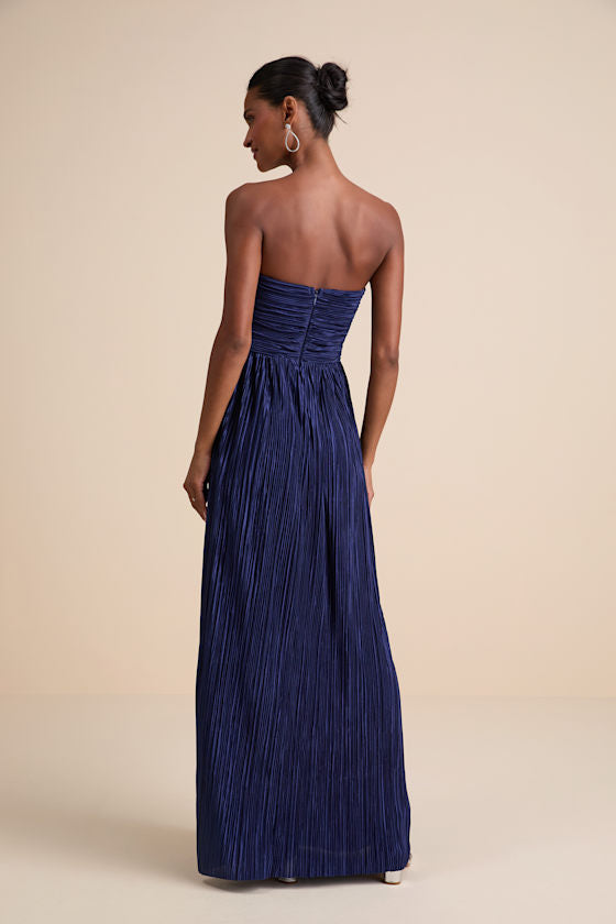 Oswin Lime Green Satin Plisse Strapless Maxi Dress
