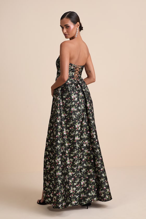 Rainie Cream Floral Jacquard Strapless Lace-Up Maxi Dress