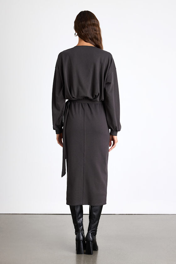 Eunia Charcoal Grey Jersey Knit Long Sleeve Wrap Midi Dress