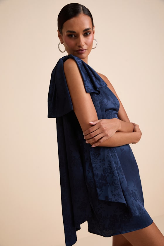 Jayda White Satin Jacquard One-Shoulder Sash Mini Dress
