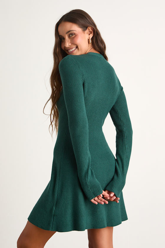 Adorably Flirty Heather Grey Button-Front Sweater Mini Dress