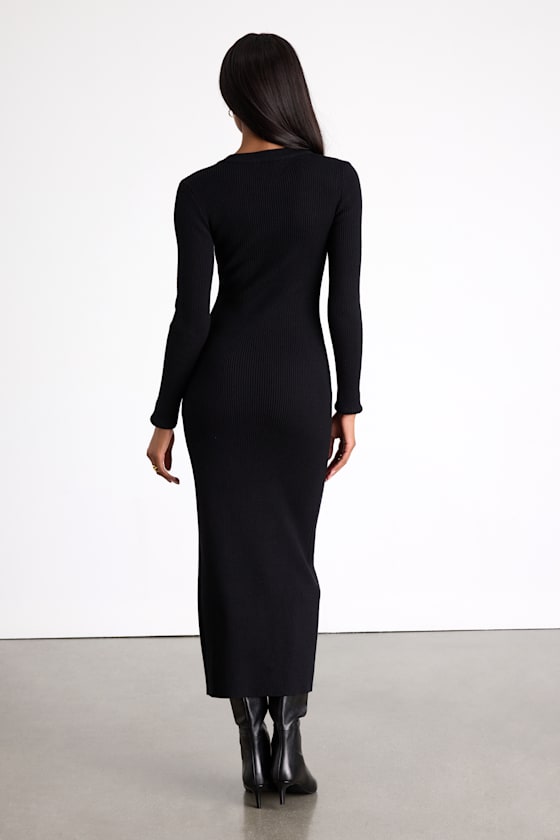 Refined Attitude Black Ribbed Side Button Midi Sweater Dress