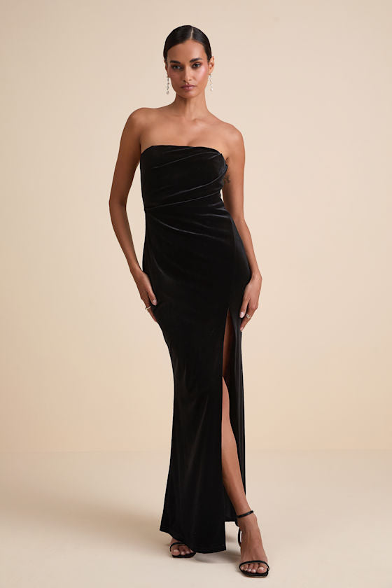 Perfectly Captivating Plum Purple Velvet Strapless Maxi Dress