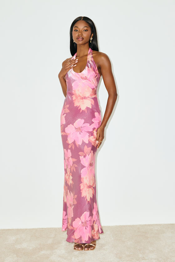 Lashay Purple and Pink Floral Satin Halter Mermaid Maxi Dress