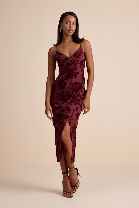 Belden Burgundy Velvet Burnout Surplice Midi Dress