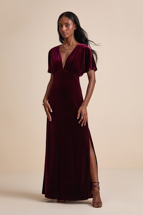 Mystical Charm Black Velvet Flutter Sleeve Maxi Dress