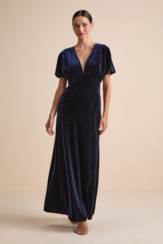 Mystical Charm Black Velvet Flutter Sleeve Maxi Dress