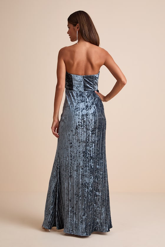Classy Sensation Navy Blue Velvet Pleated Strapless Maxi Dress