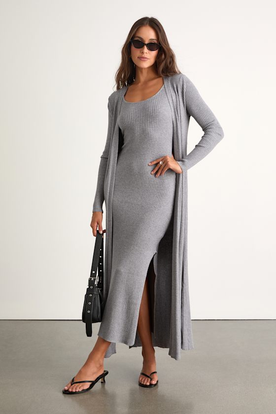 Layer Lover Beige Ribbed Knit Two-Piece Dress & Cardigan Set