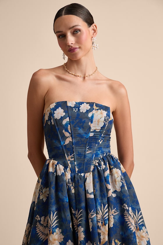 Eulalia Light Blue Floral Lace-Up Strapless Bustier Midi Dress