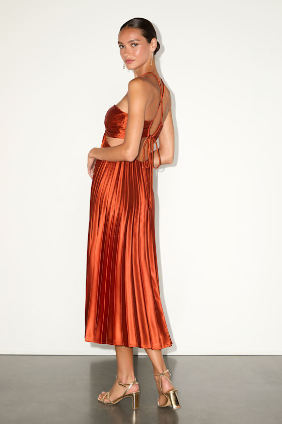 Aerin Emerald Satin Pleated Cutout Midi Dress