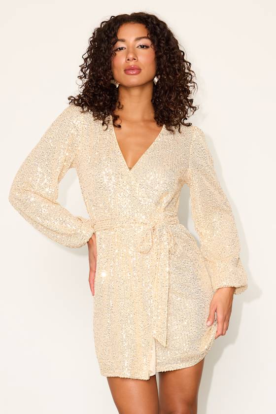 Sparkly Darling Gold Sequin Long Sleeve Wrap Dress