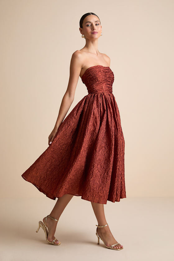 Analeia Dark Teal Jacquard Lace-Up Strapless Midi Dress