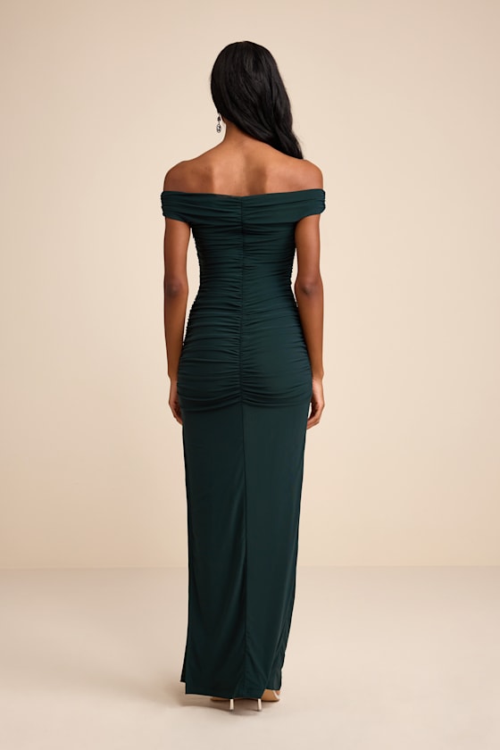 Scotia Black Mesh Ruched Off-the-Shoulder Maxi Dress