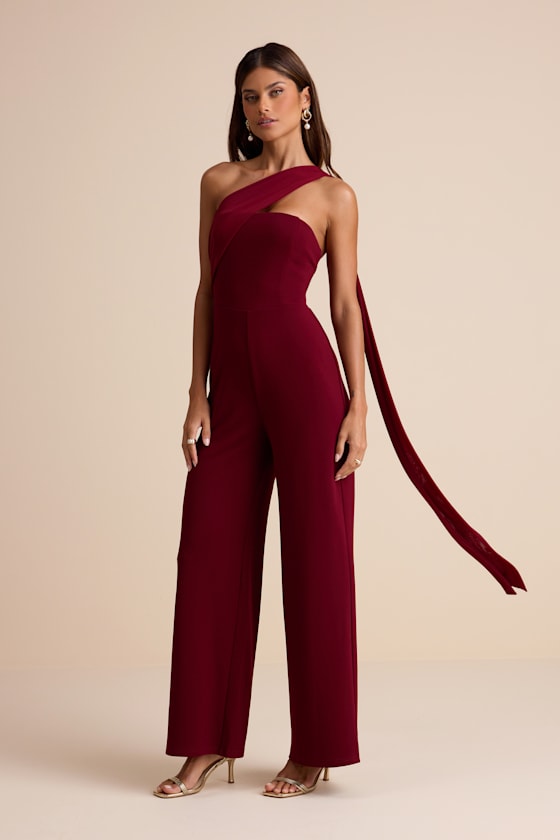 Hexley Burgundy One-Shoulder Sash Scarf Jumpsuit