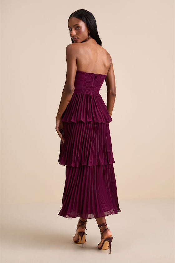 Seriously Sensational Plum Strapless Tiered Midi Dress