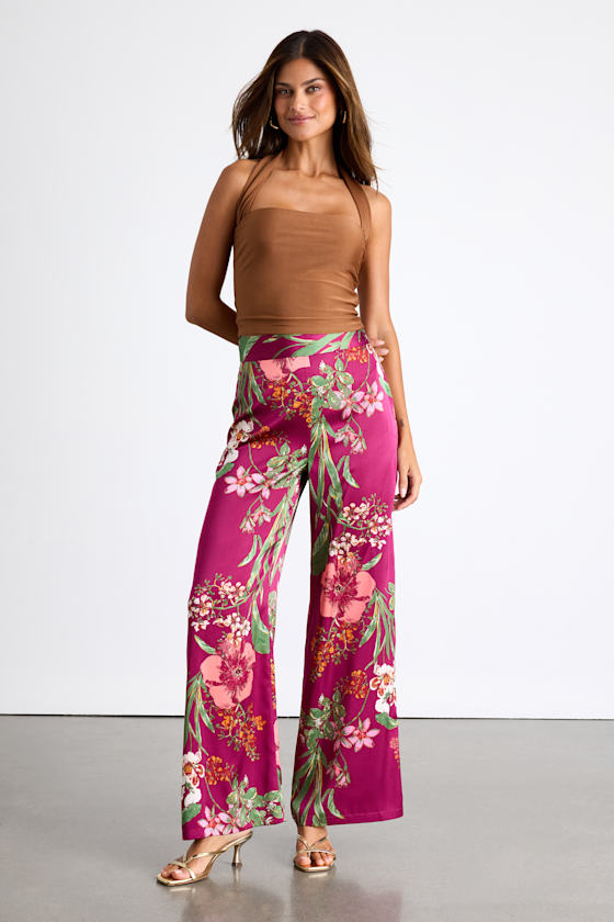 Thriving Vibes Burgundy Floral Print Satin Wide-Leg Pants