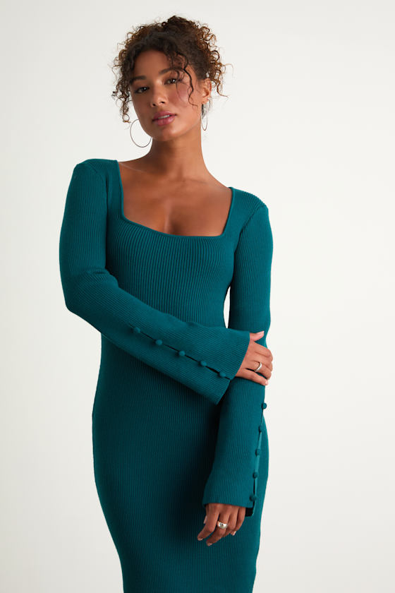 Classy Attitude Beige Ribbed Square Neck Midi Sweater Dress