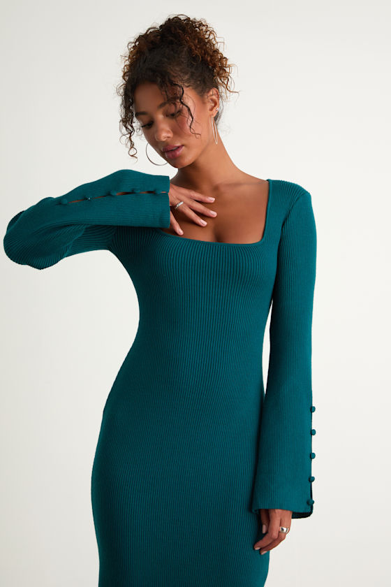 Classy Attitude Burgundy Ribbed Square Neck Midi Sweater Dress
