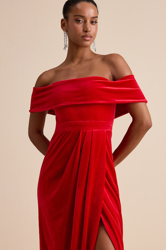 I'm Enchanted Navy Blue Velvet Off-the-Shoulder Maxi Dress