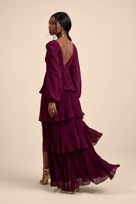 Graceful Finesse Black Pleated Long Sleeve Maxi Dress