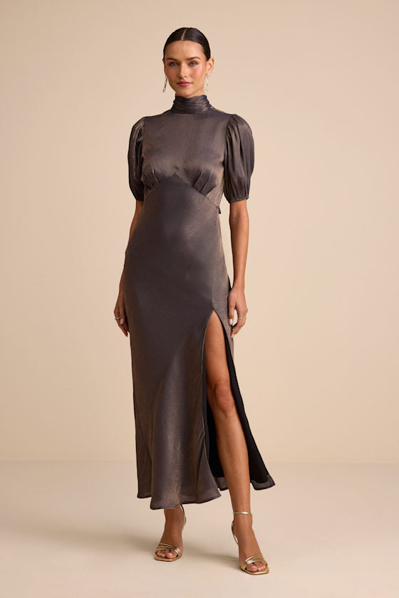 Talira Light Blue Satin Lurex Mock Neck Cutout Maxi Dress
