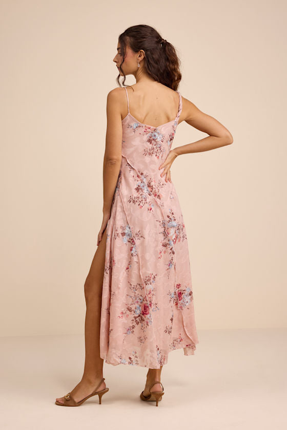 Eirwen Beige Floral Burnout Asymmetrical Midi Dress