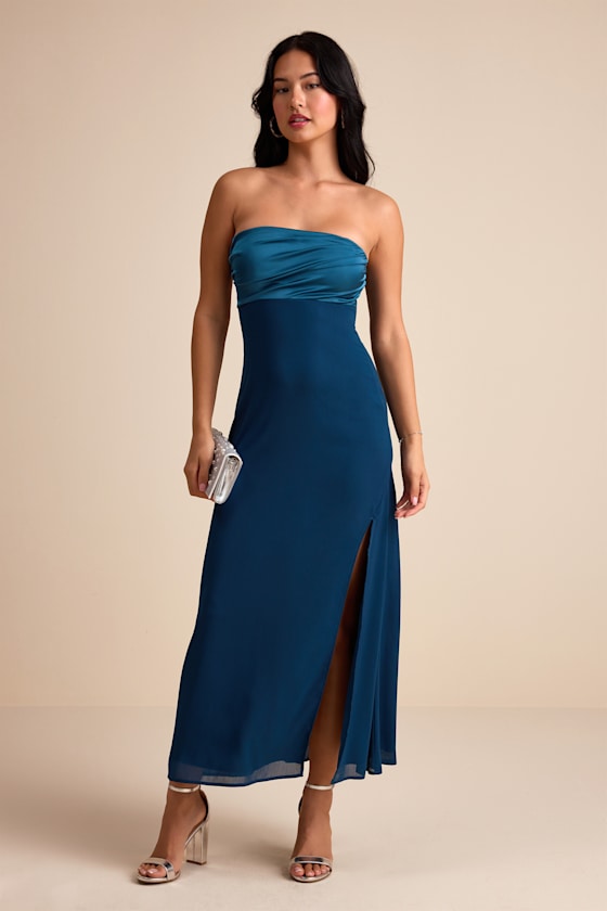 Devlin Dark Teal Mixed Media Strapless Midi Dress