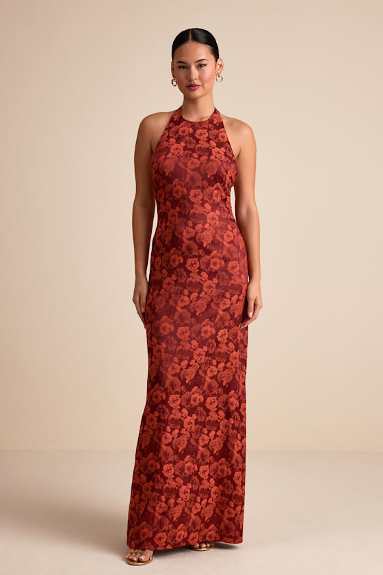 Alaria Emerald Satin Jacquard Halter Neck Maxi Dress
