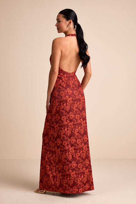 Alaria Emerald Satin Jacquard Halter Neck Maxi Dress