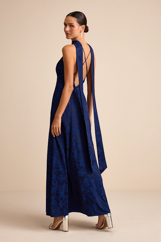 Mahira Emerald Satin Jacquard Surplice Sash Scarf Maxi Dress