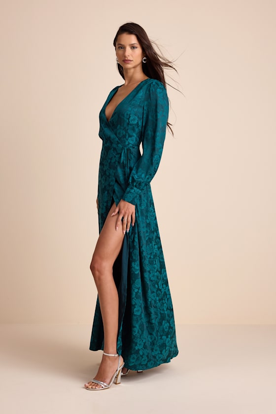 Maryn Navy Satin Jacquard Wrap Maxi Dress