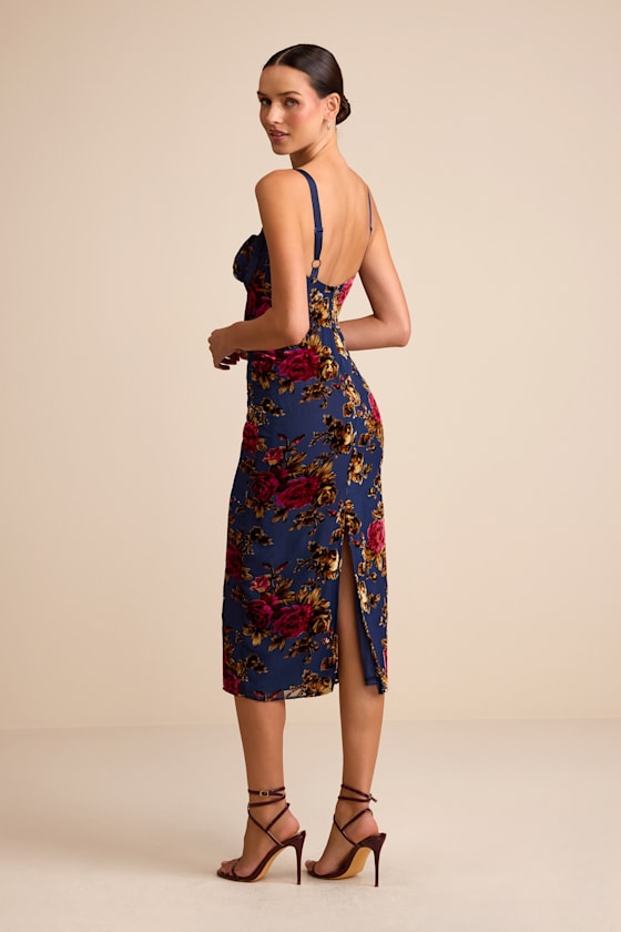 Tessa Navy Floral Velvet Burnout Column Midi Dress