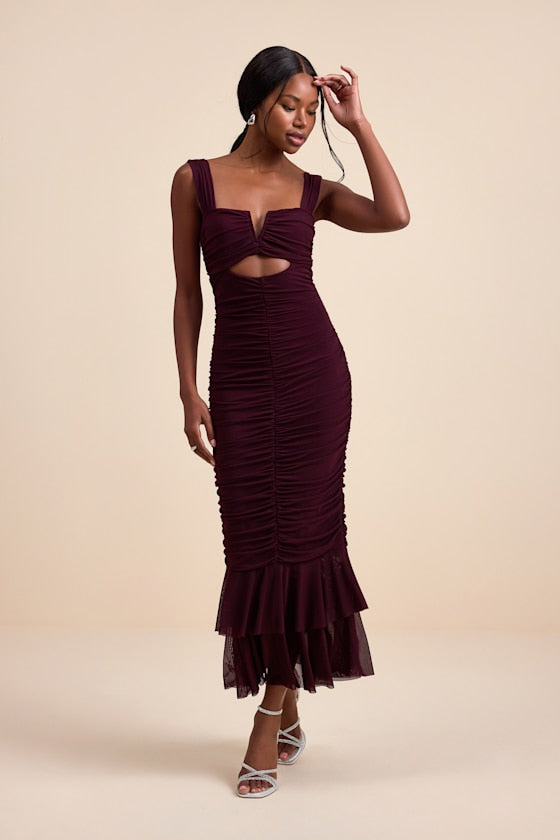 Aelara Turquoise Mesh Ruched Trumpet Midi Dress