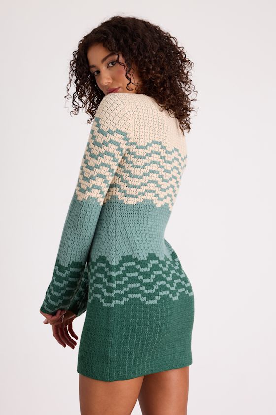 Amabel Dark Green and Beige Color Block Sweater Mini Dress