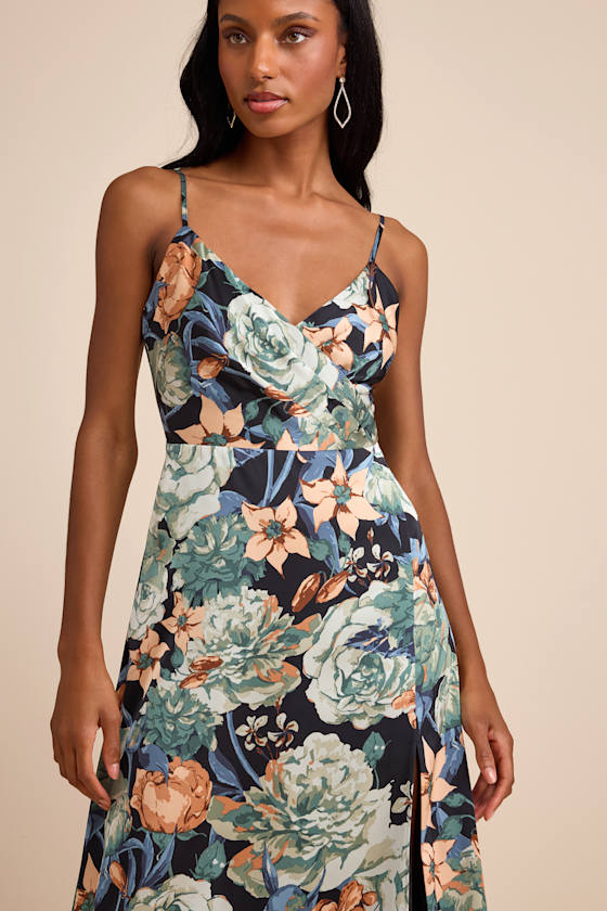Radiant Occasion Navy Blue Floral Satin A-Line Maxi Dress