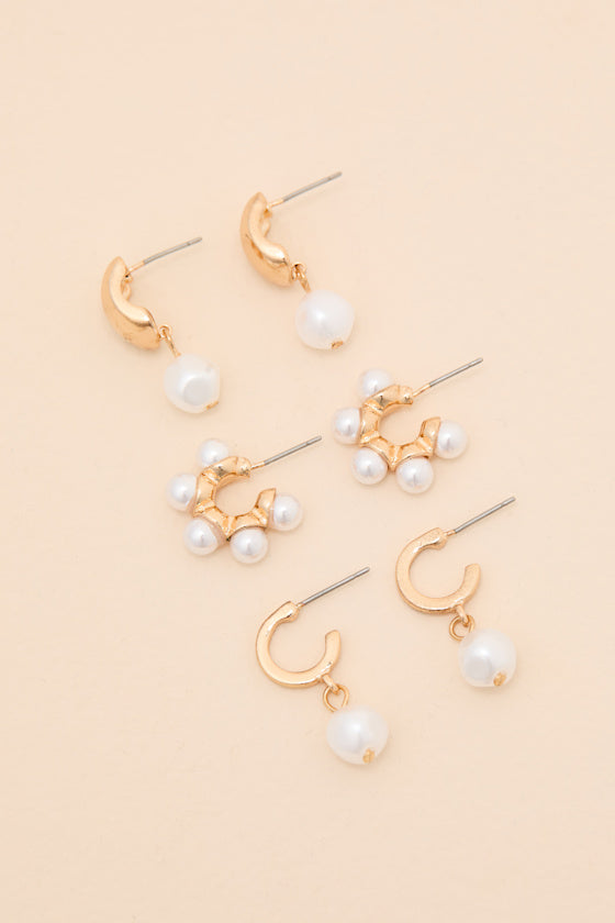 Afina Gold Pearl Three-Piece Earring Set