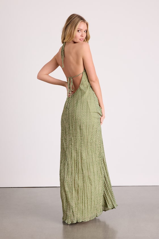 Denetta Green and Cream Stiped Halter Shift Maxi Dress