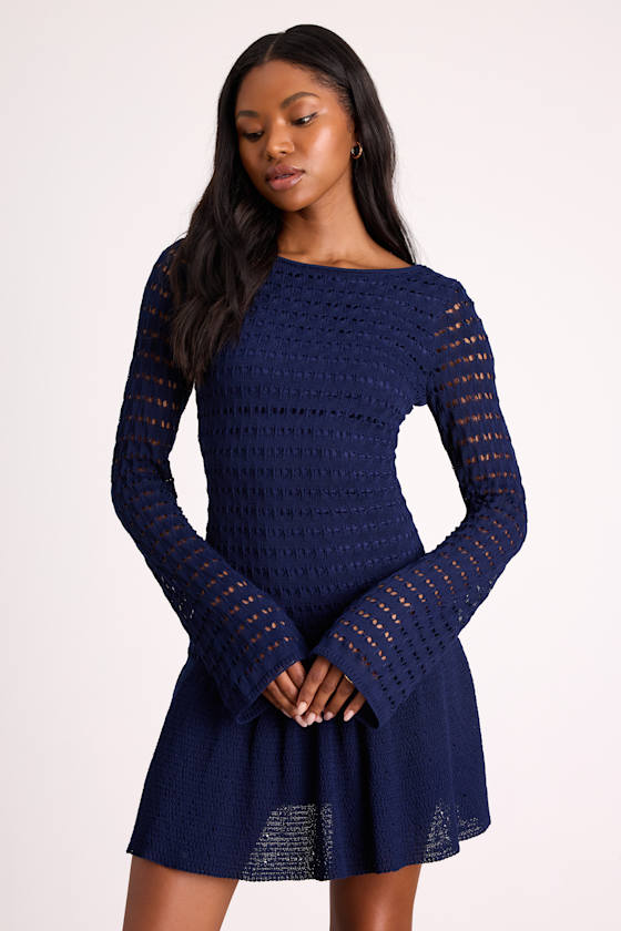 Sylvie Navy Loose Knit Drop Waist Sweater Mini Dress