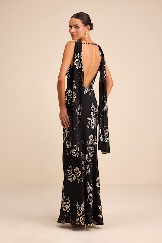 Sidonia Yellow and Gold Floral Cowl Sash Maxi Dress