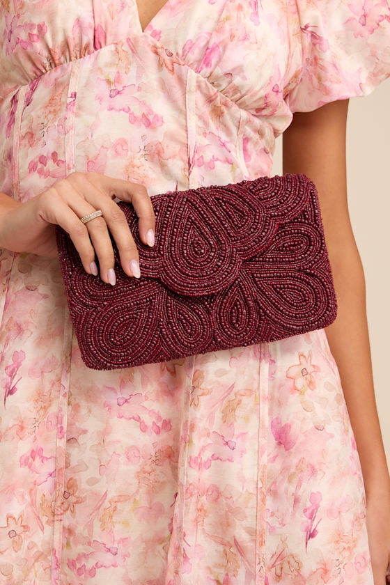 Stunning Addition Burgundy Beaded Clutch
