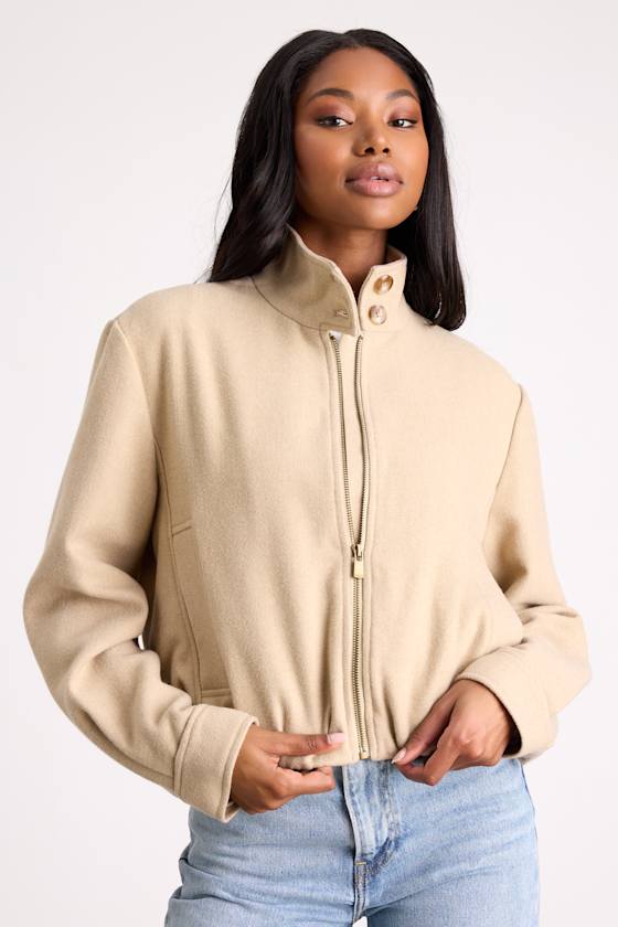 Jinora Light Beige Zip-Front Bomber Jacket