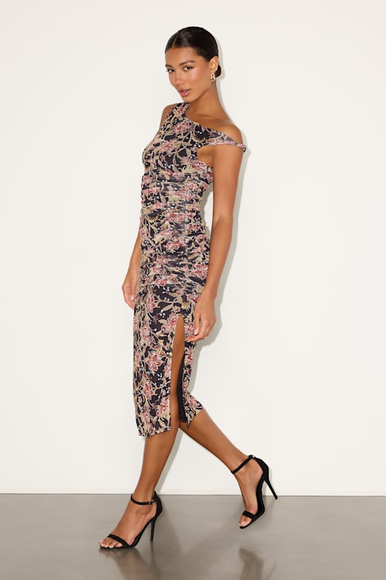 Mizela Berry Red Floral Mesh One-Shoulder Midi Dress