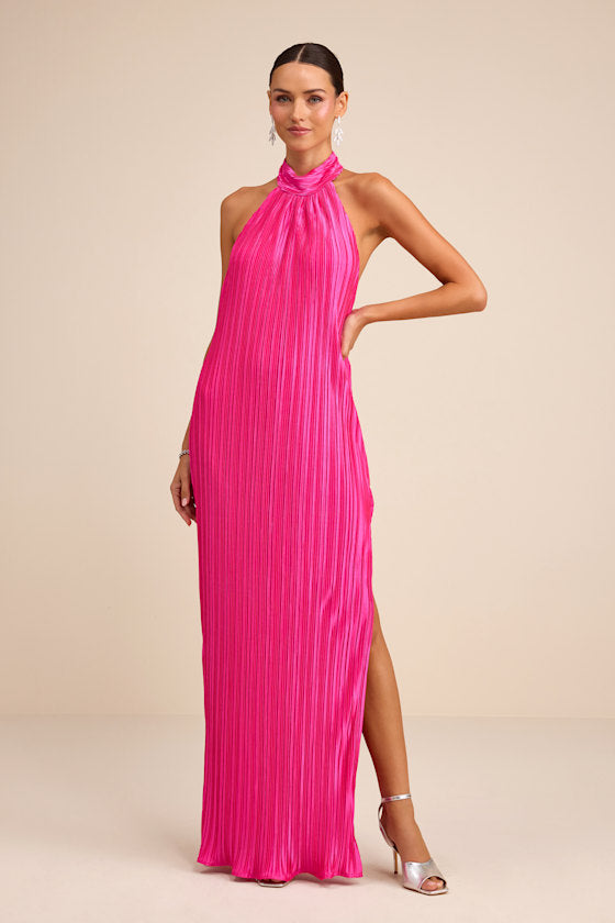 Gwenny Aqua Blue Satin Plisse Maxi Dress