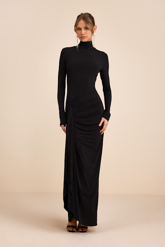 Tassana Wine Red Jersey Knit Mock Neck Maxi Dress