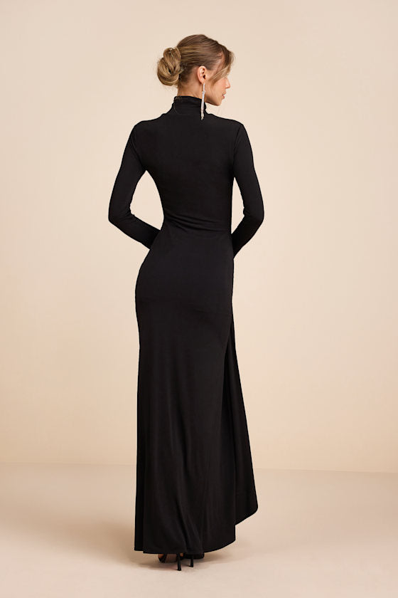 Tassana Wine Red Jersey Knit Mock Neck Maxi Dress