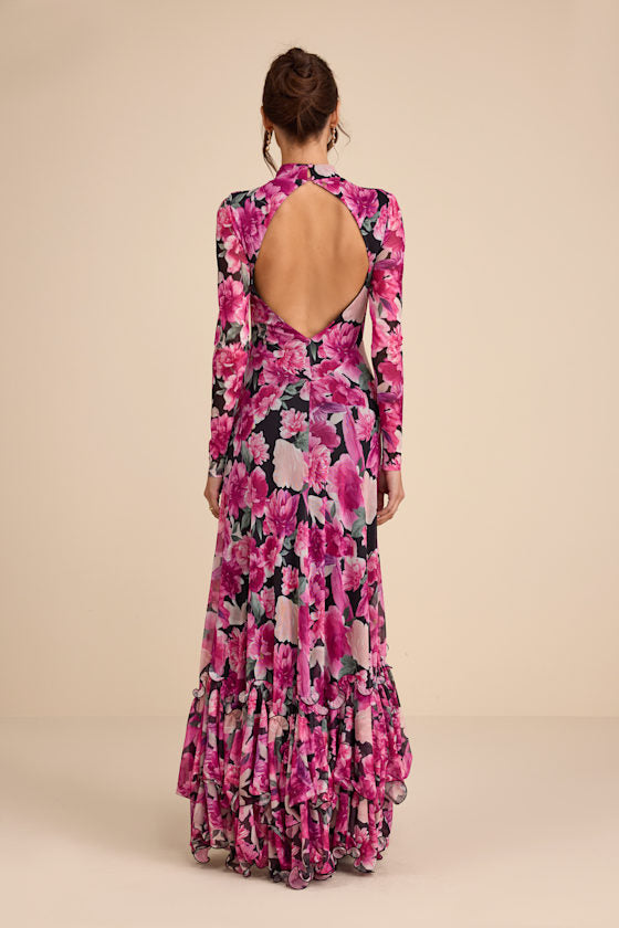 Emilina Black and Magenta Floral Mock Neck Maxi Dress