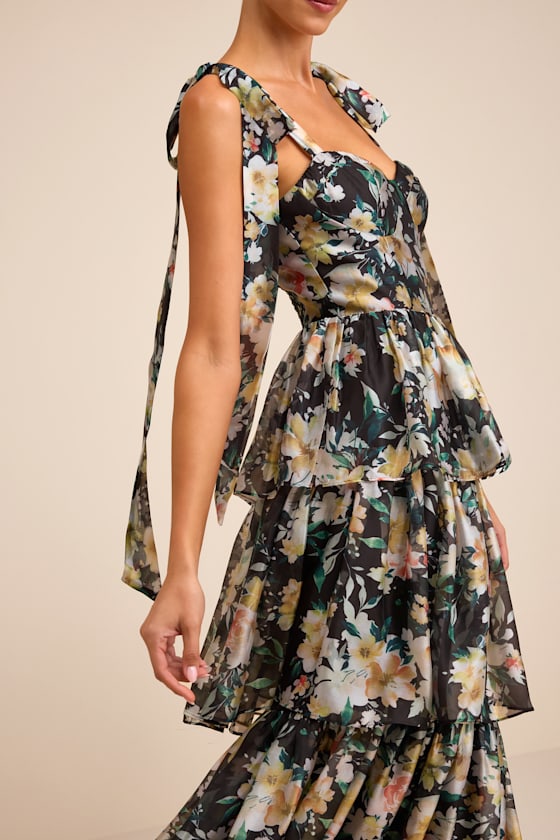 Svea Light Yellow Floral Tiered Tie-Strap Midi Dress